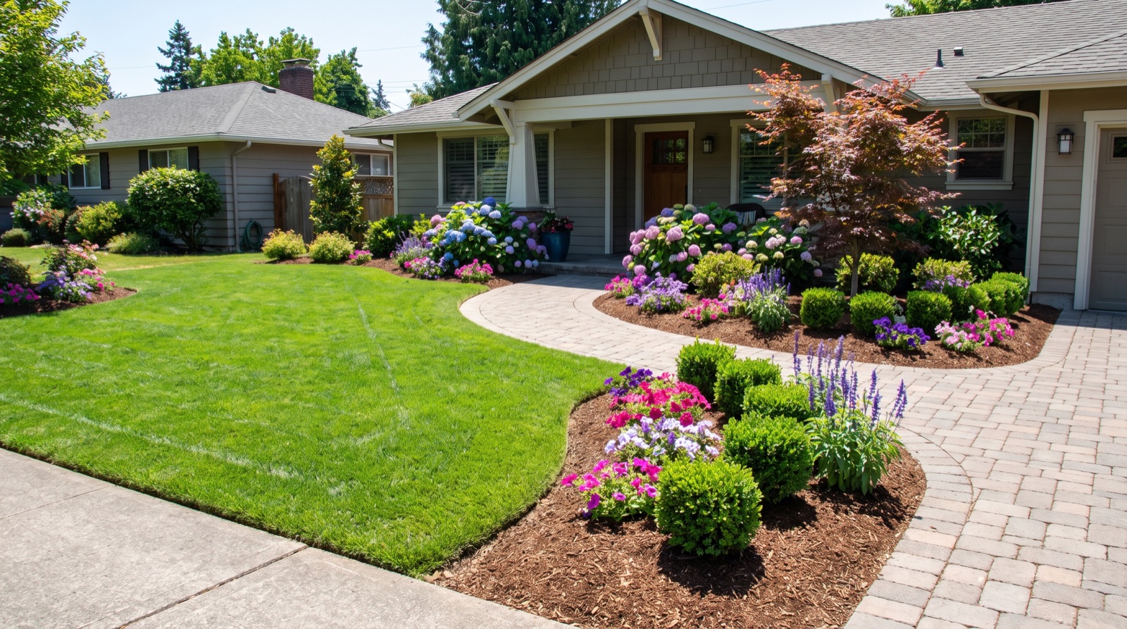 Professionally landscaped front yard with fresh sod and beds